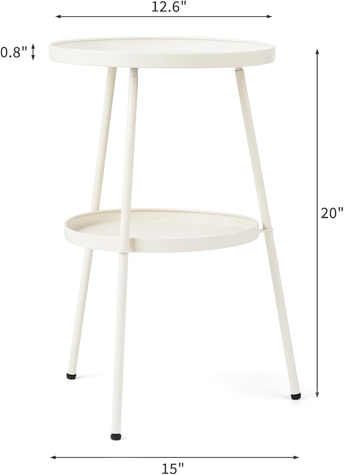 Outdoor Side Table 2 Tier End Table Metal Round Coffee Tables Nightstand for Small Spaces Indoor Outdoor and Living Room Bedroom or Office (White)