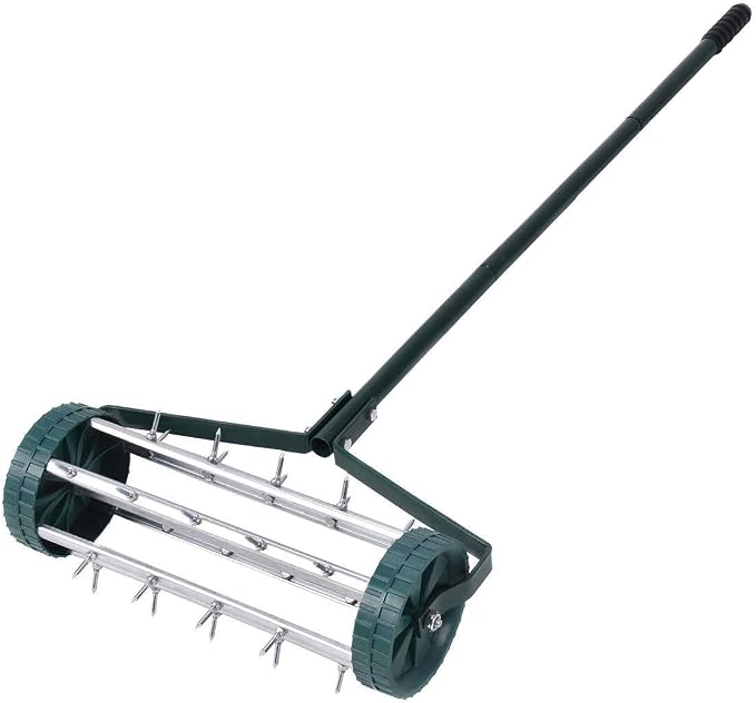 Goplus Rolling Lawn Aerator, 18-Inch Garden Yard Rotary Push Tine Heavy Duty Spike Soil Aeration, Manual Lawn Aeration Tool w/ 41-Inch Handle (Silver)