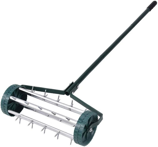 Goplus Rolling Lawn Aerator, 18-Inch Garden Yard Rotary Push Tine Heavy Duty Spike Soil Aeration, Manual Lawn Aeration Tool w/ 41-Inch Handle (Silver)