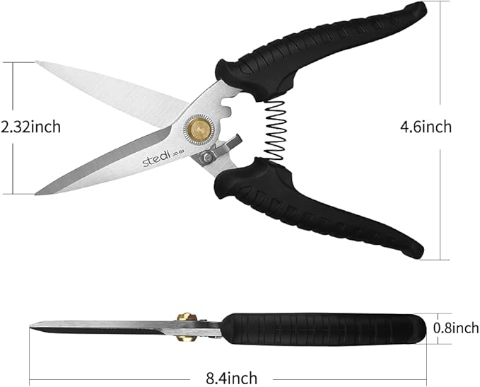 stedi 8.2-inch Multipurpose Heavy Duty Scissors, Extended & Reinforced Ultra Sharp Blades with Finely Serrated, High Carbon Stainless Steel Shears for Household Pruning, Office, Gardening, Black