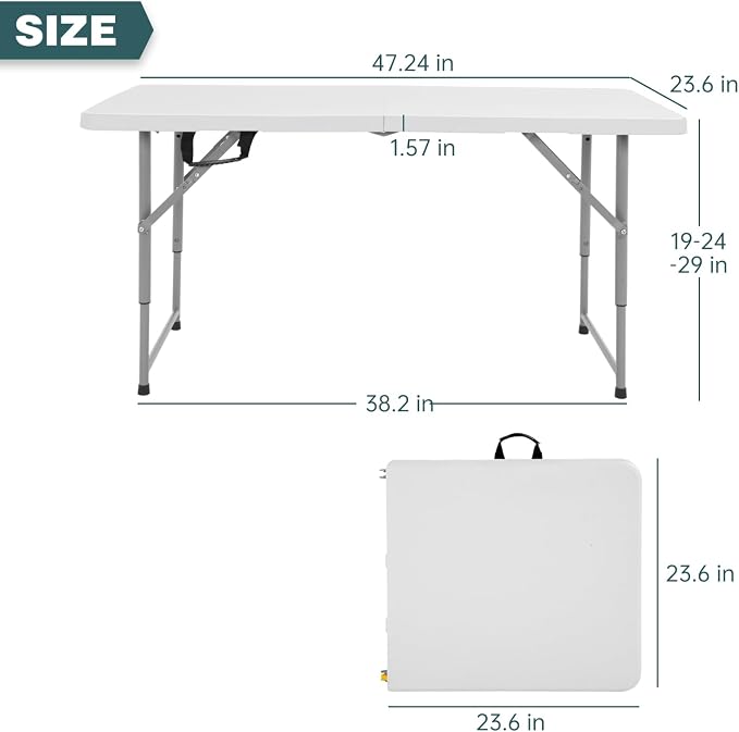 FDW 4 Foot Outdoor Dining Table, Foldable Portable Rectangular Plastic Folding Table with Built in Carrying Handle and Height Adjustable for Party and Wedding Use, White