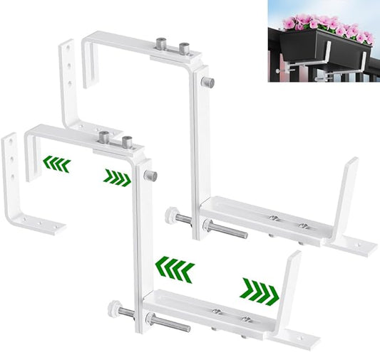 HFHOME Set of 2 Adjustable Window Planter Box Brackets, White Brackets for Window Boxes Planters, Planter Shelving with Adjustable Size The Width of The Bottom of The Planter Box (Patent Registered)