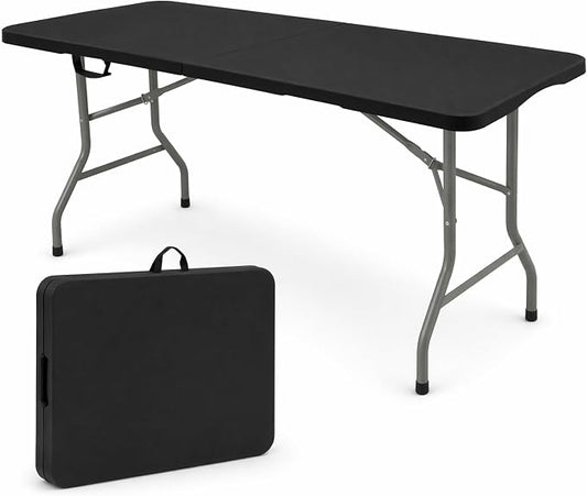 HAISIWLKJ Folding Table 5FT Camping Table Portable Heavy Duty Plastic Rectangular Outdoor Dining Table Steel Legs Fold-in-Half with Carrying Handle for Indoor,Picnic,Party,Wedding,Events(Black)
