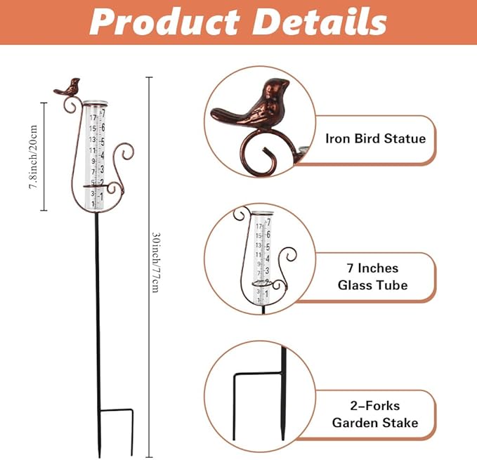 Rain Gauge Outdoor with 7 Inch Glass Tube, Rain Gauges Large Clear Numbers Measure Gauge for Yard, Garden, Lawn(Cardinal)