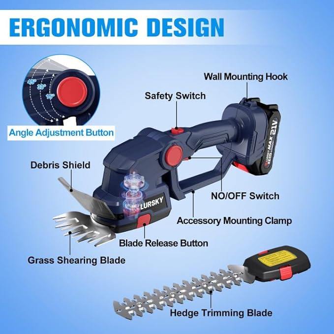 Cordless Hedge Trimmer with Battery 2.0Ah - 2-in-1 21V Grass Shears Handheld, Electric Shrub Trimmer Kit for Garden, Yard and Lawn, Charger Included (Blue)