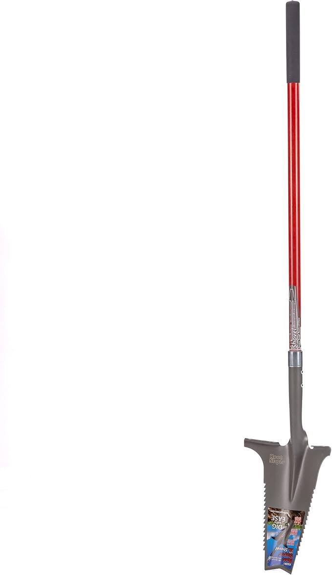 Root Slayer 22511 XL Garden Shovel with Serrated Blade for Digging and Root Cutting, Fiberglass Shaft, Heavy Duty Steel Spade, Red