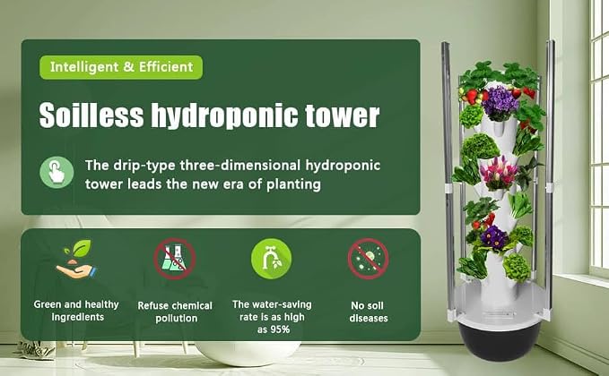 GRETEGO G&GO Hydroponics Growing System Kit with LED Grow Lights, Aero Gardening System, Hydroponic Tower, 28 Net Pots, Tomato, Green Salad, Strawberry Tower for Your Indoor Vegetable Garden