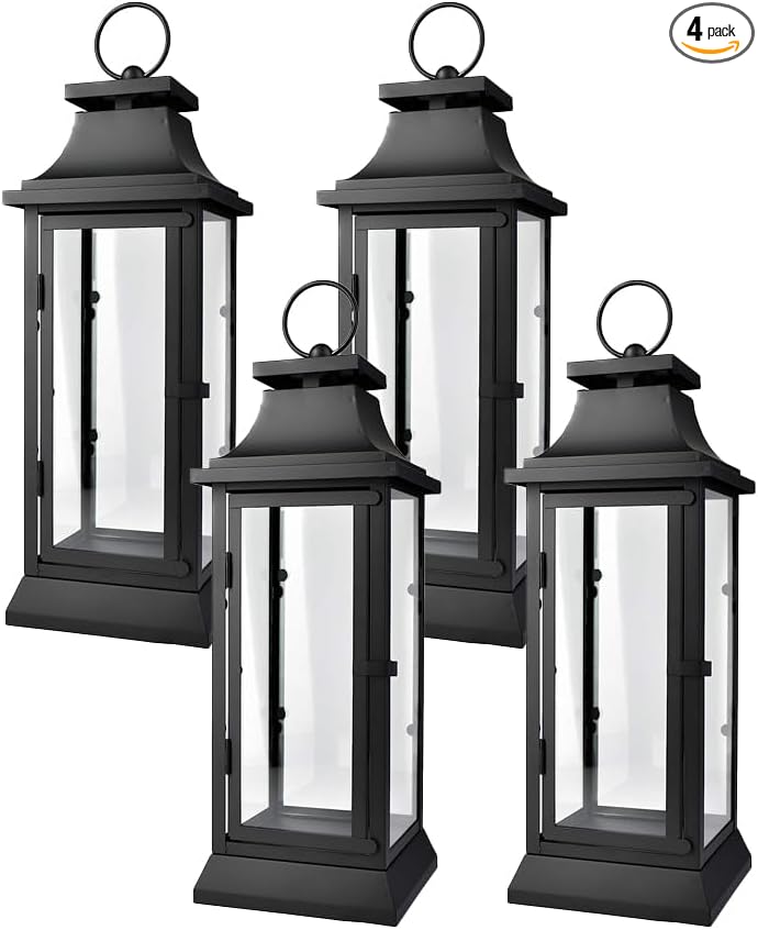 Serene Spaces Living Black Decorative Hurricane Lantern with Clear Glass Panels, Medium Indoor Outdoor Lantern for Porch, Events, Parties & Tabletop Decor, 5" Square & 15" Tall, Pack of 4