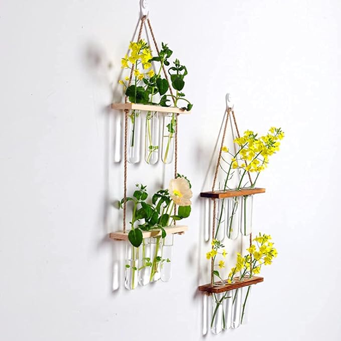 Hiuxume 2 Tiered Wall Hanging Planter, Wooden Stand with Glass Planter Test Tube Vase for Hydroponic Plant Propagation, Perfect for Indoor and Outdoor Decor