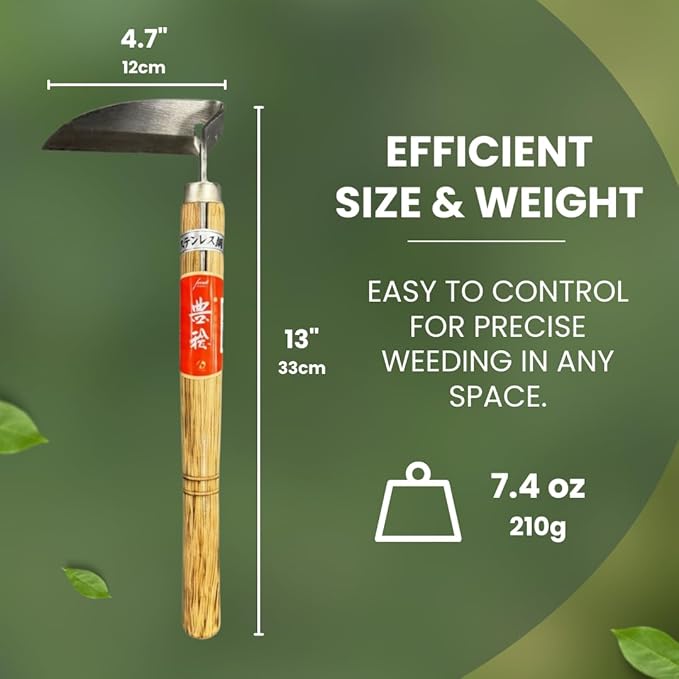 Hounen Miyawaki Nejiri Kama Weeder – Japanese Weeding Sickle, Twisted Stainless Steel, 4.7 in (12 cm) Blade, 13 in (33 cm) Wood Handle, Root Slicer for Garden Beds & Crabgrass, Made in Japan