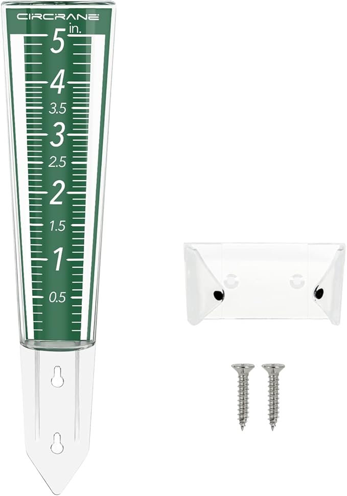 Circrane 5-Inch Capacity Outdoor Rain Gauge with Additional Hang Bracket& Stainless Steel Screws, Magnifying Scale and Numbers Design for Easy Read (Green)