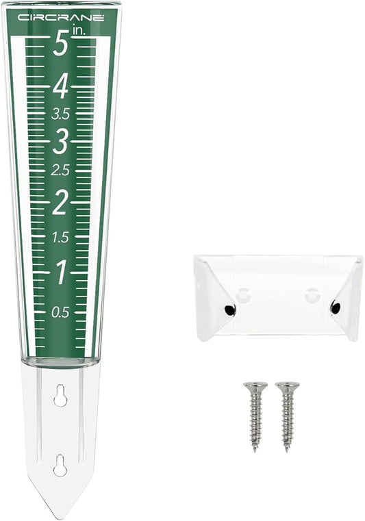 Circrane 5-Inch Capacity Outdoor Rain Gauge with Additional Hang Bracket& Stainless Steel Screws, Magnifying Scale and Numbers Design for Easy Read (Green)