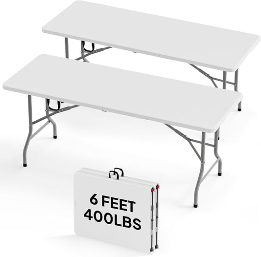 Bonnlo 2P Folding Table 6ft, Portable Collapsible Plastic White Long Tables for Party, Camping, Banquet, Craft, Dining, Wedding, Outdoor and Indoor Use