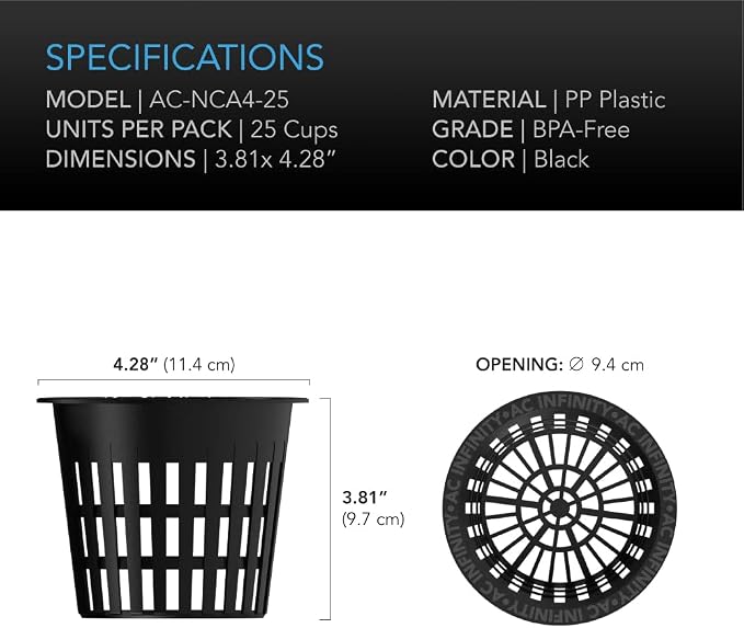 AC Infinity Net Cups 4-Inch, Heavy Duty Garden Slotted Net Pots with Wide Lip Rims, 25-Pack Black Bucket Basket for Indoor Outdoor Growing, Orchids, Aquaponics, Hydroponics