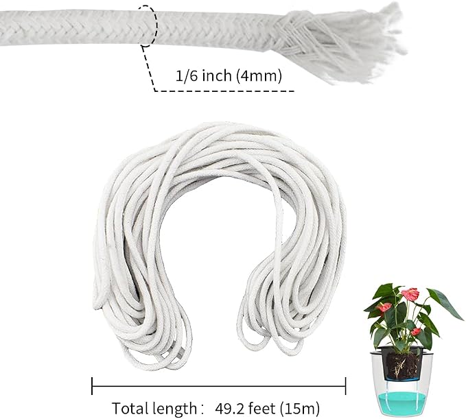 49.2 feet 1/6 Inch Bright White Self Watering Wick Cord Automatic Watering Cotton Rope System Hydroponic Wicking for Vacation Plant Care Capillary Wicks for Self Watering Planters and Pot