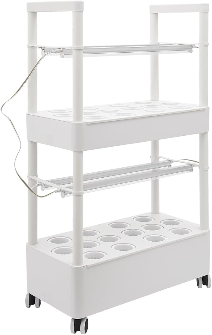 2-Tier 28-Hole Hydroponics Growing System with LED Grow Lights, 5.28Gal Indoor Hydroponic Grow Kit with Automatic Water Circulation, 4 Wheels for Vegetables, Herbs, Lettuce, White