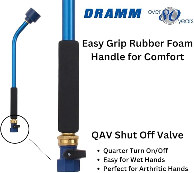 Dramm Sunrise Soft Rain Watering Spray Wand – 30” Long, Blue – Gentle Full-Flow Spray with Shut-Off Valve & 8” Foam Grip – Lightweight & Durable for Gardens, Hanging Baskets & Planters