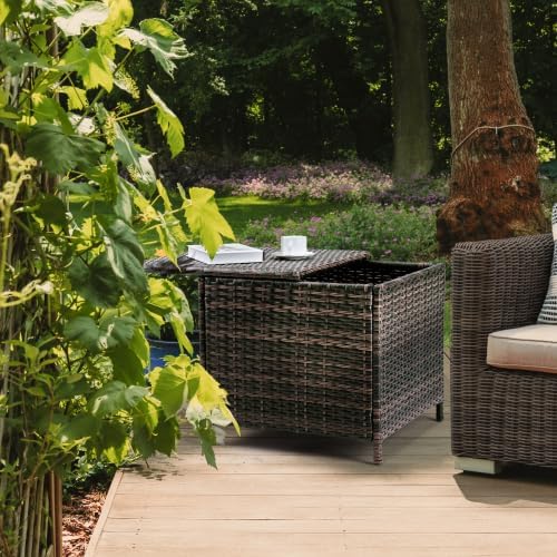 Outdoor Table with Storage, 27 Gallon Wicker Outdoor Storage Box Patio Side Tables for Outside Porch Poolside Deck Garden， Brown