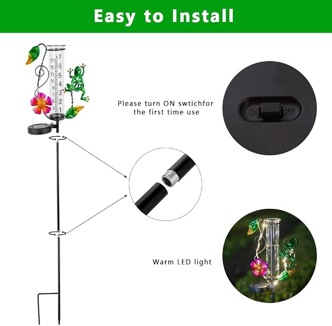 Solar Rain Gauge Outdoor - 7-Inch Glass Tube Frog Design Decorative Weather Gauge for Garden, Yard, Lawn, Patio