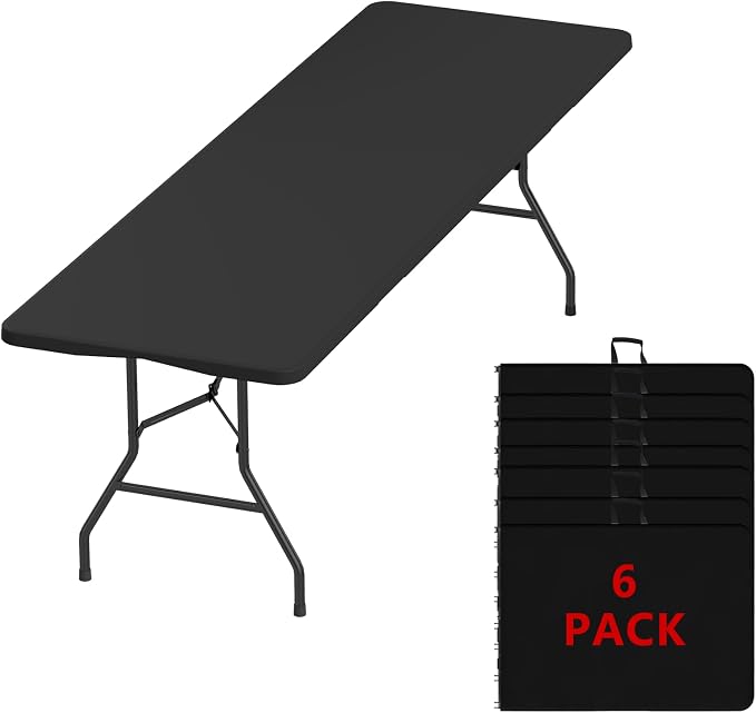 8FT Folding Tables – Heavy Duty Portable Foldable Picnic Table with Built-in Handle, 450 lb Capacity – Ideal for Events, Parties, Crafts, Camping & Dining (6-Pack, Black)