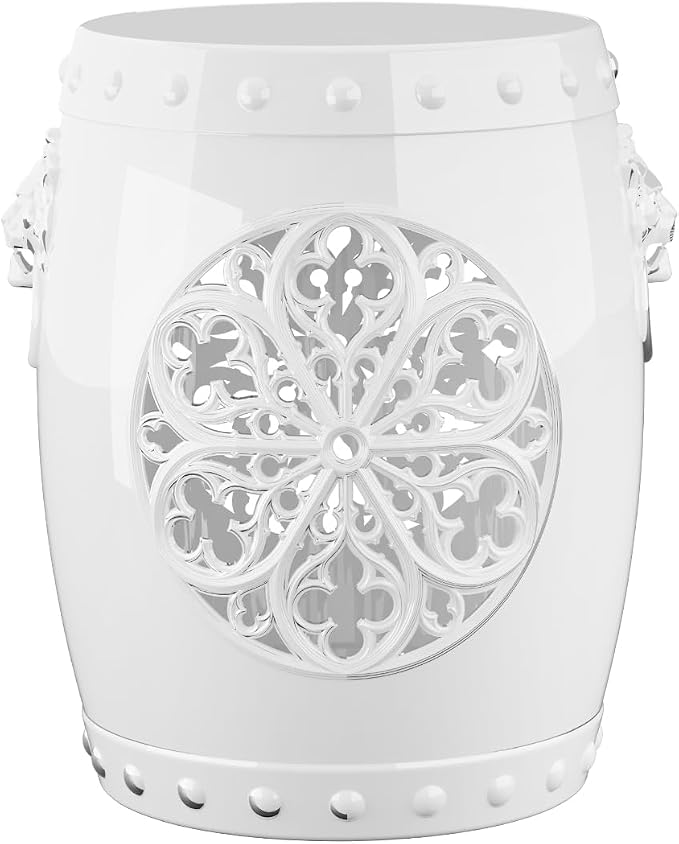 EasyUp Faux Ceramic Garden Stool, Decorative Drum Design, for Patio and Garden (White New)