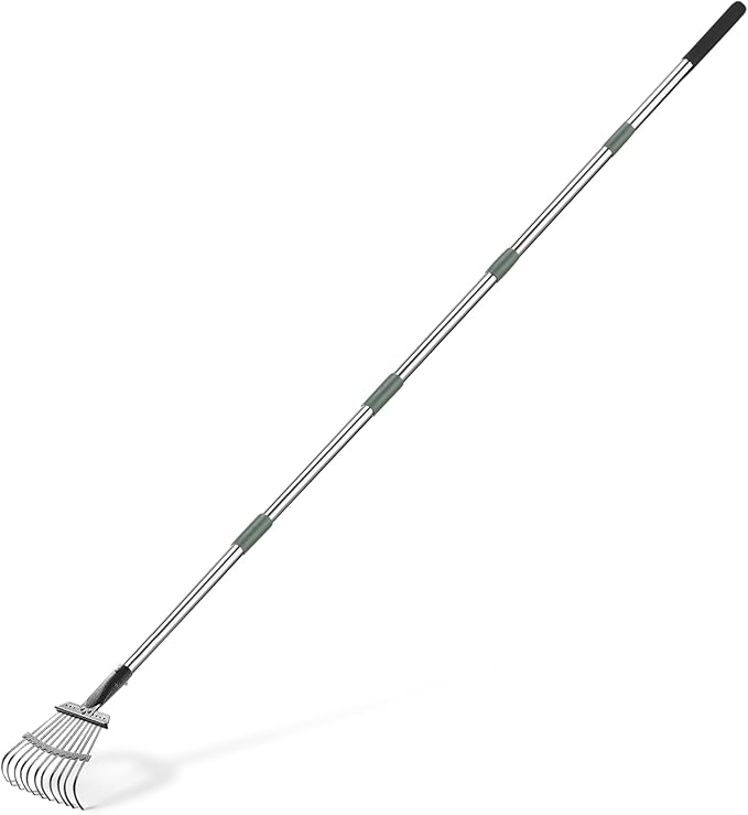 Amazon Basics Garden Rake, Leaf rake with 38.5" - 80.5" Adjustable Steel Handle, Gardening tools for Yard Work, Olive/Black/Silver
