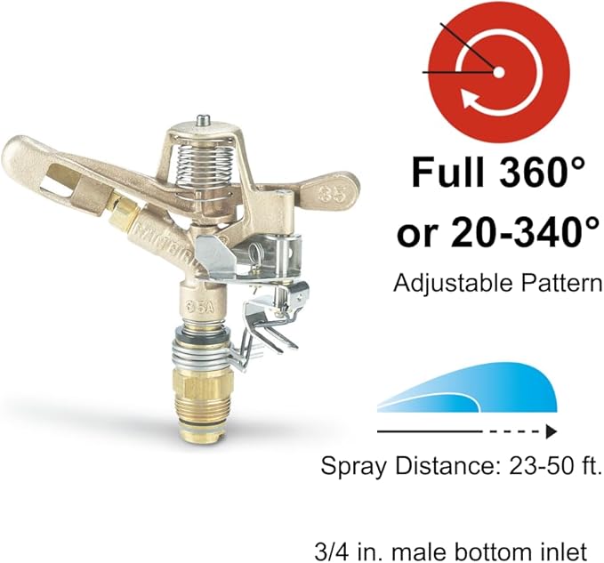 Rain Bird 35ADJTNTB Brass Impact Sprinkler, Adjustable 0° - 360° Pattern, 23' - 50' Spray Distance, Grey