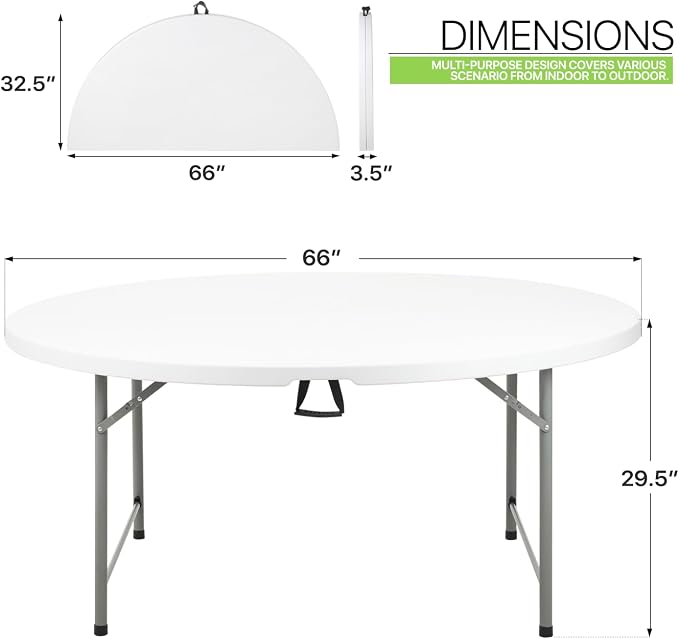 Magshion 60" Round Folding Table, 5 Feet Bi-Folding Plastic Commercial Dining Card Table w/Carrying Handle for Outdoor Wedding Party Event Picnic, White