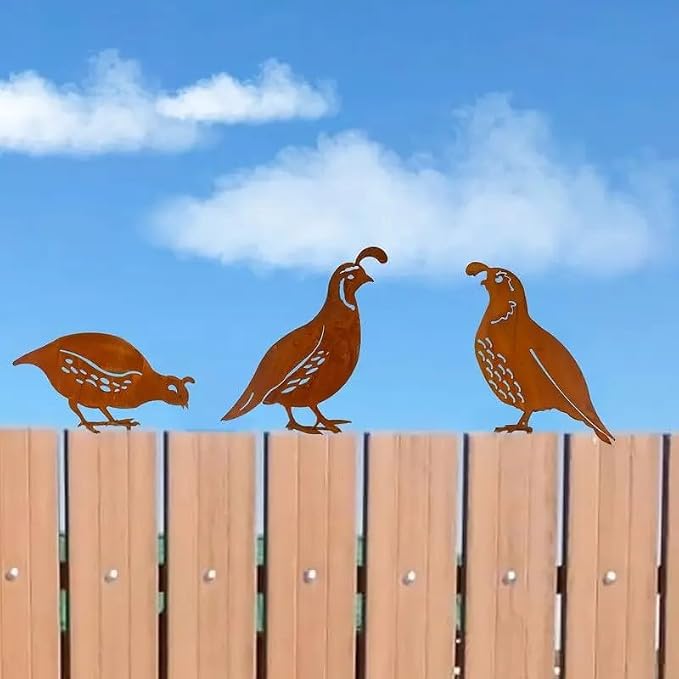 3 Pack Rusty Quail Family Decorative Garden Stakes, Metal Birds Statues Garden Sculptures and Yard Art, Patio, Lawn Ornaments Decor(Brown)