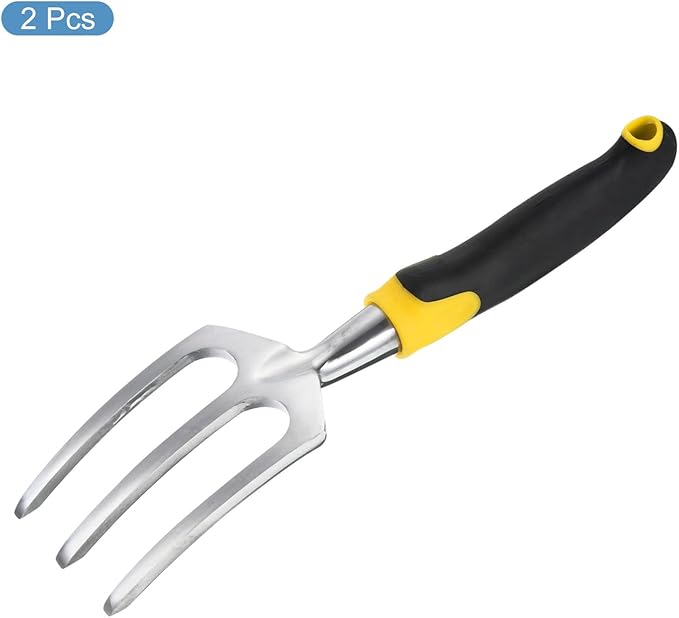 PATIKIL 10.8" 3 Tines Hand Gardening Fork, 2Pcs Aluminum Alloy Non-Slip Handle Hardened Digging Pitch Fork for Backyard Weeding Farm Planting, Silver