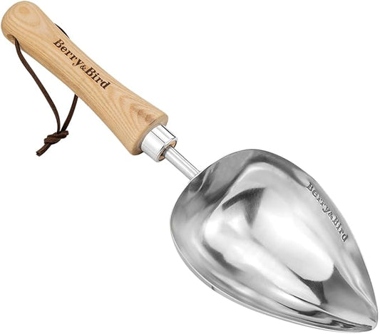 Berry&Bird Garden Oversized Soil Scoop, Stainless Steel Gardening Trowel with Wood Handle Multi Function Hand Shovel Spade Spoons for Transplanting, Planting & Cultivation