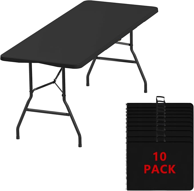 6FT Folding Tables – Heavy Duty Portable Foldable Picnic Table with Built-in Handle, 450 lb Capacity – Ideal for Events, Parties, Crafts, Camping & Dining (10-Pack, Black)