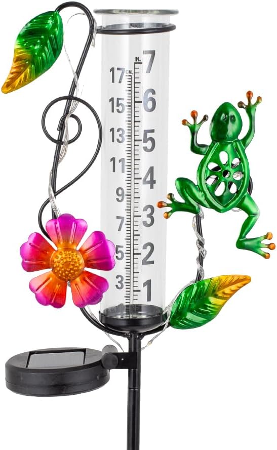 Solar Rain Gauge Outdoor - 7-Inch Glass Tube Frog Design Decorative Weather Gauge for Garden, Yard, Lawn, Patio