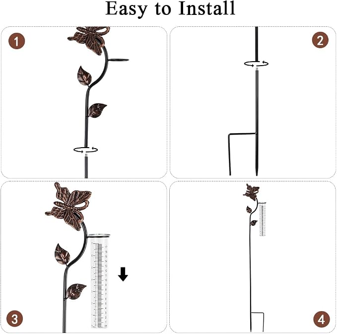 Butterfly Rain Gauge Outdoor, Metal Rain Gauge with 7-Inch Glass Tube, Decorative Rain Water Gauge for Garden, Yard, Lawn