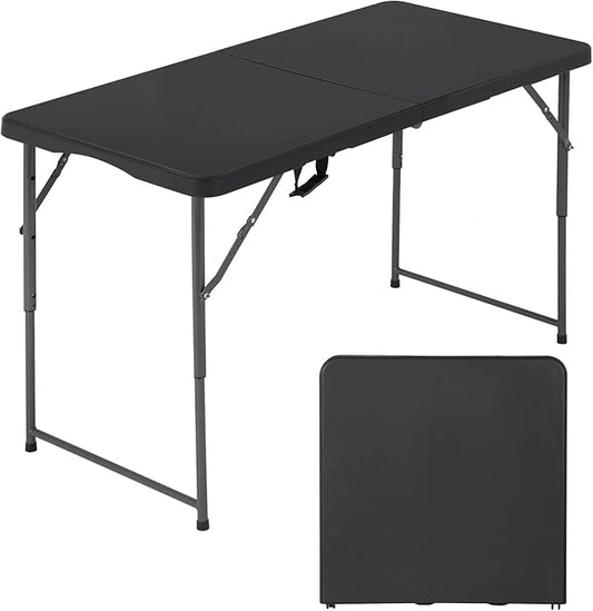 FDW 4 Foot Outdoor Dining Table, Foldable Portable Rectangular Plastic Folding Table with Built in Carrying Handle and Height Adjustable for Party and Wedding Use, Black