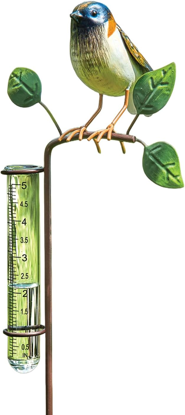 Bits and Pieces Bird Rain Gauge - 5 Inch Glass Rain Gauge with Metal Stake, Decorative Bird Yard Stake Lawn Garden Décor