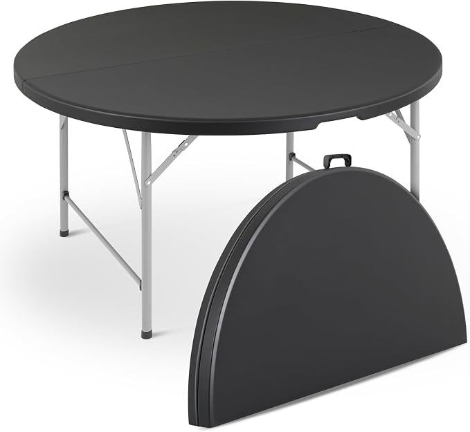 Magshion 53" Round Folding Table, 4.5 Feet Bi-Folding Plastic Commercial Dining Card Table w/Carrying Handle for Outdoor Wedding Party Event Picnic, Black
