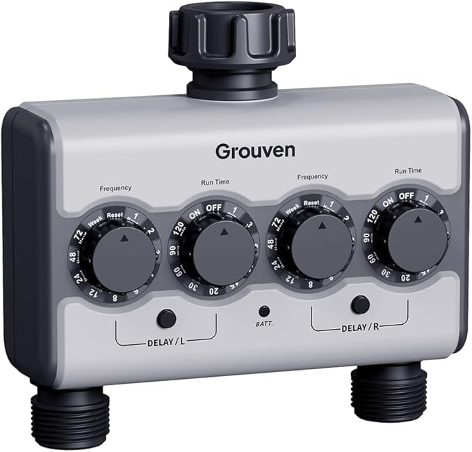 Dual Outlet Ball Valve Water Timer, Brass Inlet Sprinkler Timer No Water Pressure Required 2 Independent Zones with Rain Sensor Port & Delay Function for Garden Lawn Flower Bed