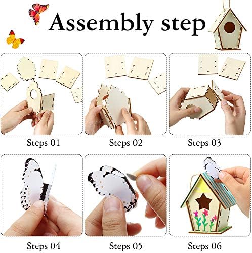 Outus 12 Pcs Wooden Birdhouse Craft Kits to Build, 4 Shapes Wooden Unfinished Bird House with Butterfly Sticker for and Arts Crafts Bulk Painting Kits(Classic Style,3.6×4 Inch)