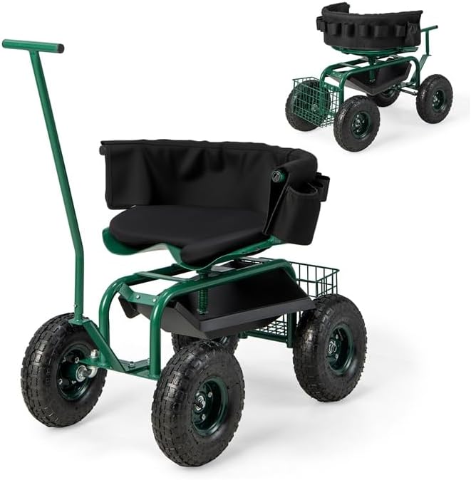 ERGOMASTER Garden Cart Rolling Workseat with Wheels,2 Steering Handles,360 Degree Swivel Seat & Tool Storage, Use for Patio, Yard, and Outdoors Workseat, Green