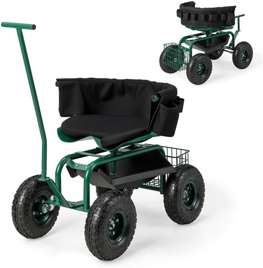 ERGOMASTER Garden Cart Rolling Workseat with Wheels,2 Steering Handles,360 Degree Swivel Seat & Tool Storage, Use for Patio, Yard, and Outdoors Workseat, Green