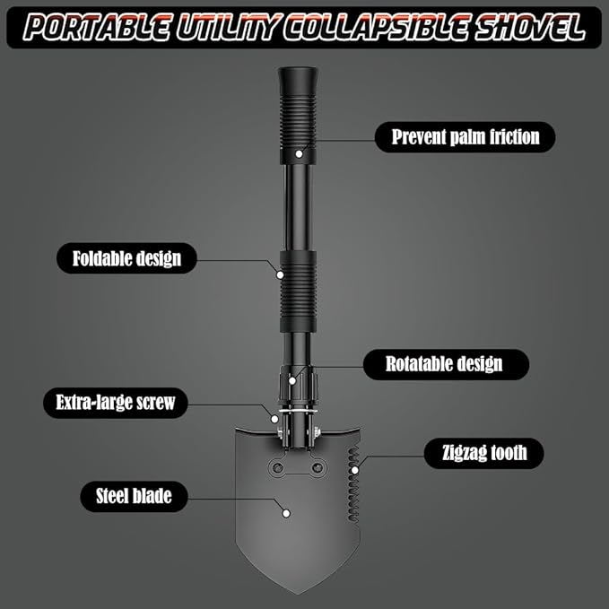 Digging Shovel, 15.35'' Lightweight Camping Shovel Portable High Carbon Steel Folding Mini Trowels for Off Road, Camping, Gardening, Beach, Digging Dirt, Sand, Mud & Snow