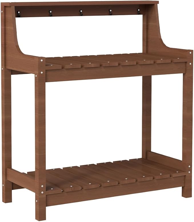 Potting Benches for Outside, HDPE Garden Potting Table All Weather, Outdoor Potting Table with Storage for Patio, Backyard, Garden, Brown