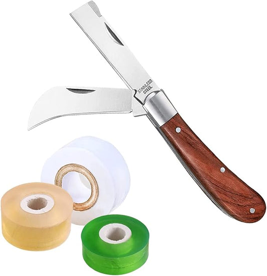 Double Blades Garden Knife for Budding Pruning with 3 Rolls Grafting Tape, Flexible Grafting Kit for Floral Fruit Tree