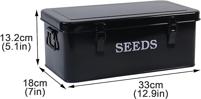 Seed Storage Box Metal Seed Container Seed Packet Storage Organizer, Seed Storage Container with Lid Seed Envelope Storage Box-4 Compartments Garden Seed Box with Safety Locks-Black