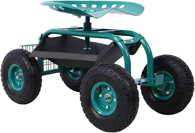 Garden Cart Rolling Scooter, Adjustable Height Heavy Duty Scooter, Rolling Garden Cart with 4 Wheels and Extendable Handle, Garden Stool Cart with 360-Degree Seat and Tool Tray Green
