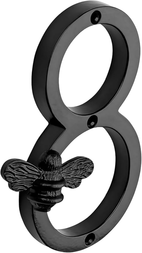 Bee House Number Sign, Antique Brass Finish, Decorative Metal Address Numbers for Door or Wall (Black, 8)