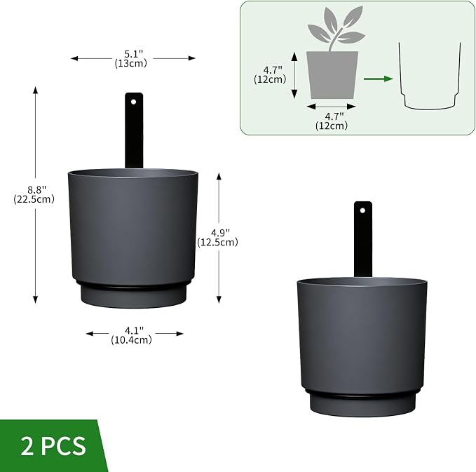 2 Pcs Wall Mounted Hanging Planter Vase for Indoor Outdoor Plants,Modern Metal Wall and Ceiling Hanging Flower Pot with Removable Flower Pot,Minimalist Decor for Herbs Succulents Flowers,5.1Inch,Grey
