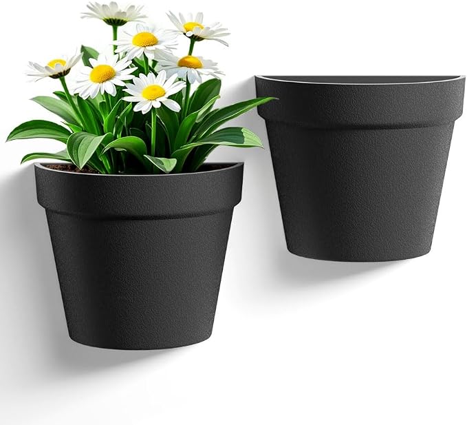 Asnext 2 Pack Plastic Wall Planter for Indoor Plants, 7.5 Inch Hanging Wall Planter Pots, Wall Mounted Succulent Planters (Black)