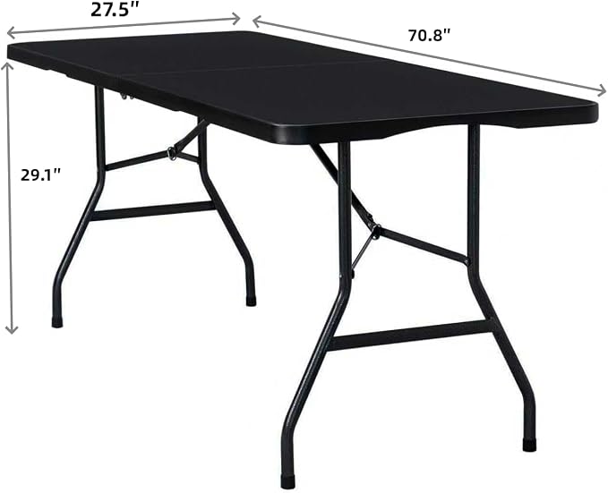 Folding Table 6ft Foldable Table with Built in Handle & Steel Legs / 6FT Heavy Duty Folding Portable,Perfect for Party, Dining Indoor/Outdoor Events, Tailgating & Backyard BBQ, Black